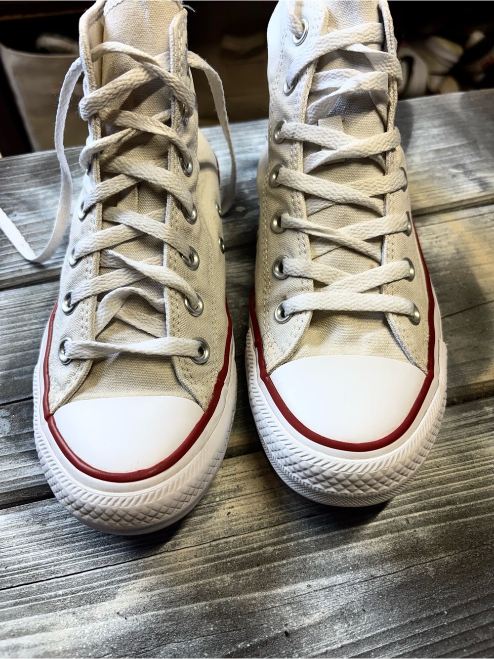 White Converse high top sneakers with red trim, size US 7 womens